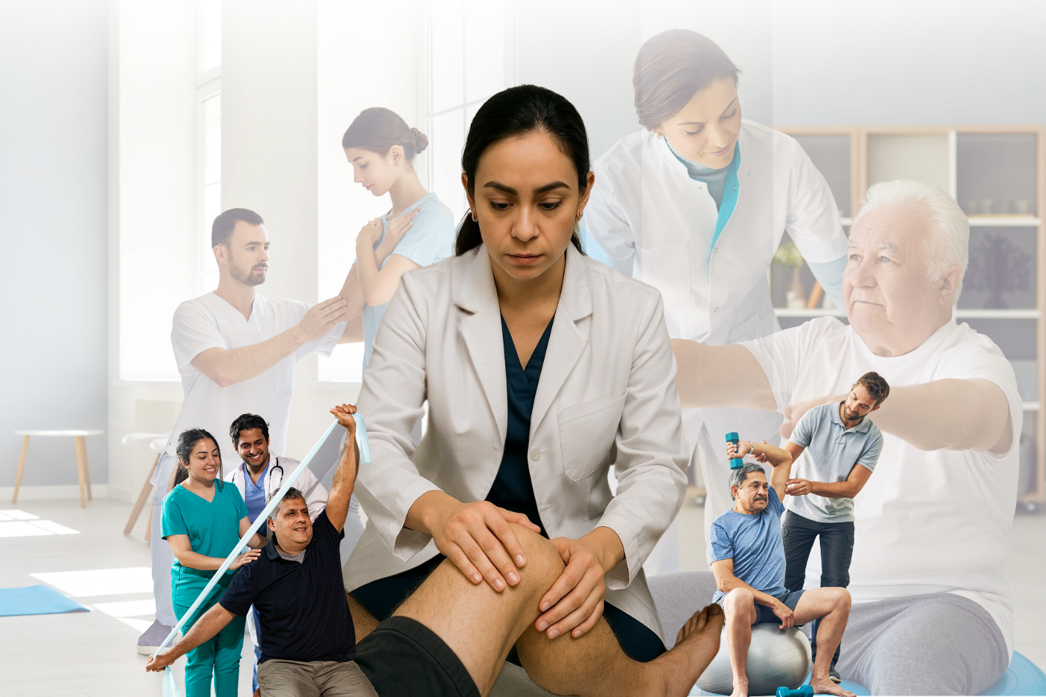 Médico traumatólogo atendiendo la rodilla de un paciente